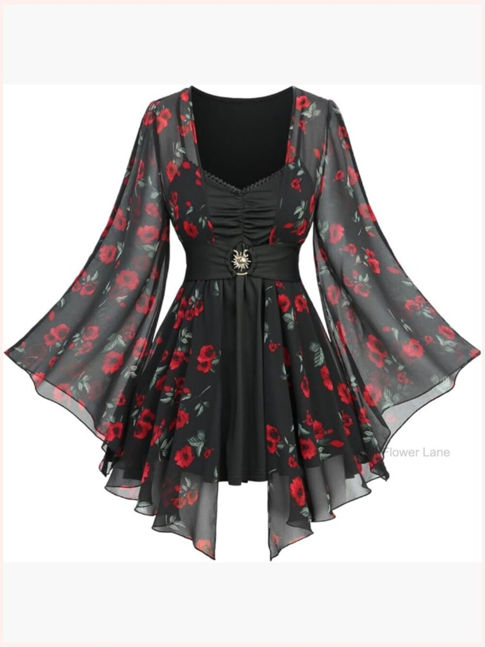 Floral Belted 2-in-1 Top – Ruched Sweetheart Neck Blouse with Flare Sleeves